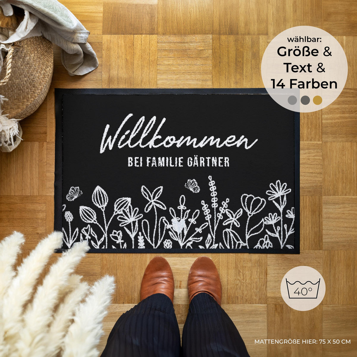Willkommen bei Familie – Blumenkranz – Fußmatte von Zimt & Kokos